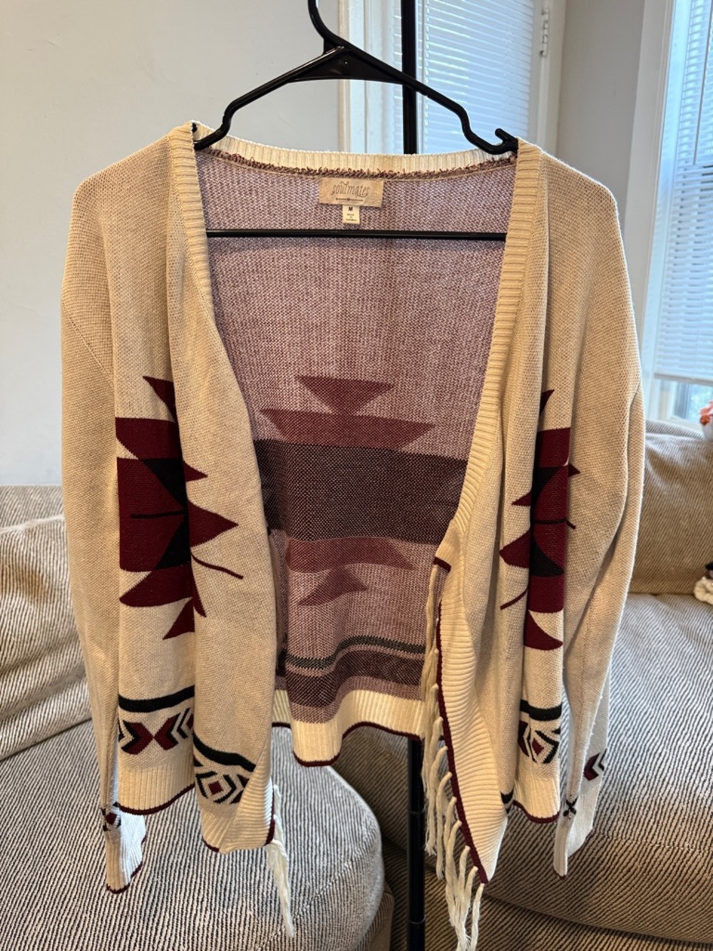 Soulmates Beige Cardigan with Burgundy Aztec Motif